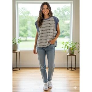 We The Free Blue Gray Peace Sign Tunic Top Cropped Sleeve Size Small